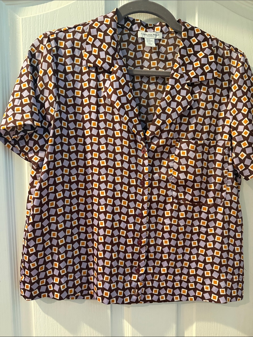 Carolina Belle Brown & White Geometric Short-Sleeve Button-Down Shirt